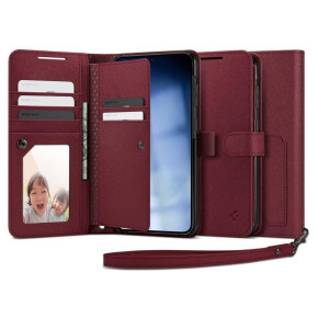 Луксозен кожен калъф тефтер портмоне с кайшка и слотове за карти Spigen Wallet S Plus за Samsung Galaxy S23 Plus SM-S916B бордо